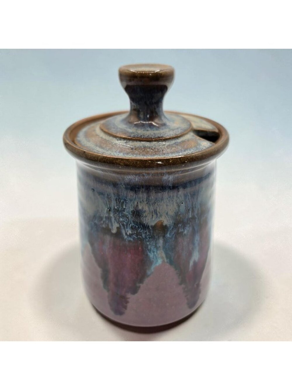 Handmade Ceramic Lidded Jar Drip Glaze Design In Blue Purple Pink Don Bradford